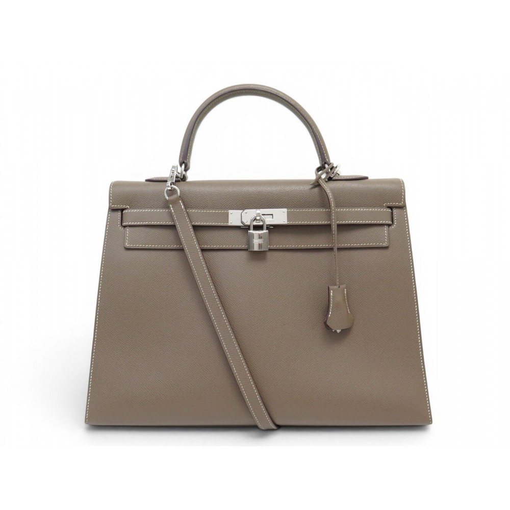 SAC A MAIN HERMES KELLY 35 SELLIER CUIR EPSOM TAUPE BANDOULIERE HAND BAG PURSE