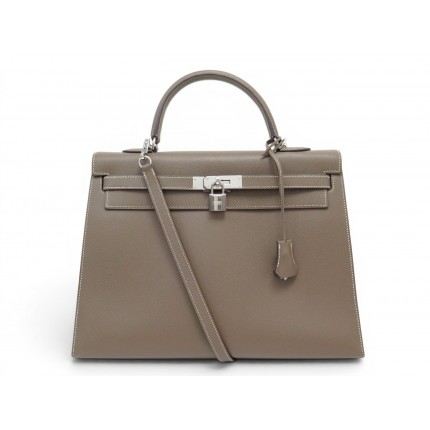 SAC A MAIN HERMES KELLY 35 SELLIER CUIR EPSOM TAUPE BANDOULIERE HAND BAG PURSE