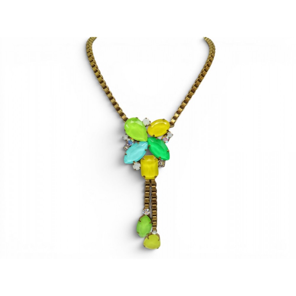 COLLIER PHILIPPE FERRANDIS CRAVATE PIERRES COLOREES & STRASS METAL DORE NECKLACE