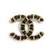 NEUF BROCHE CHANEL LOGO CC CHAINE ENTRELACEE METAL DORE & CUIR NOIR BROOCH 820€