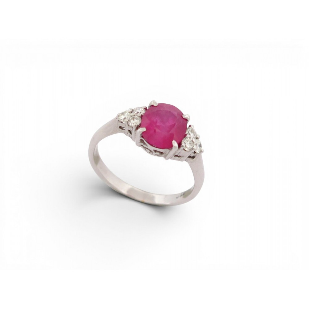 BAGUE COCKTAIL T53 RUBIS OVALE 1.65CT DIAMANT 0.24CT OR BLANC 18K 3GR GOLD RING