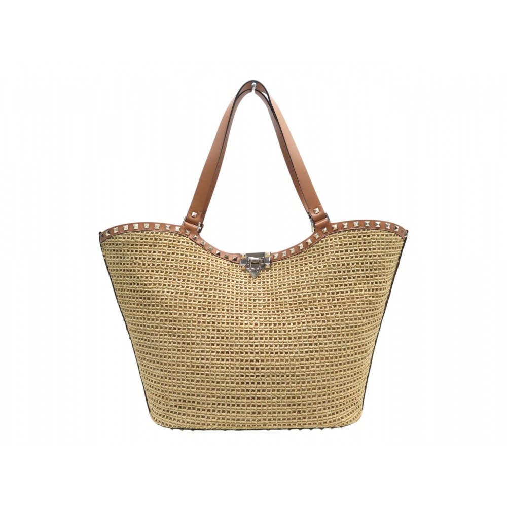 SAC A MAIN VALENTINO ROCKSTUD CABAS EN RAPHIA & CUIR FAUVE RAFFIA TOTE BAG 2300€