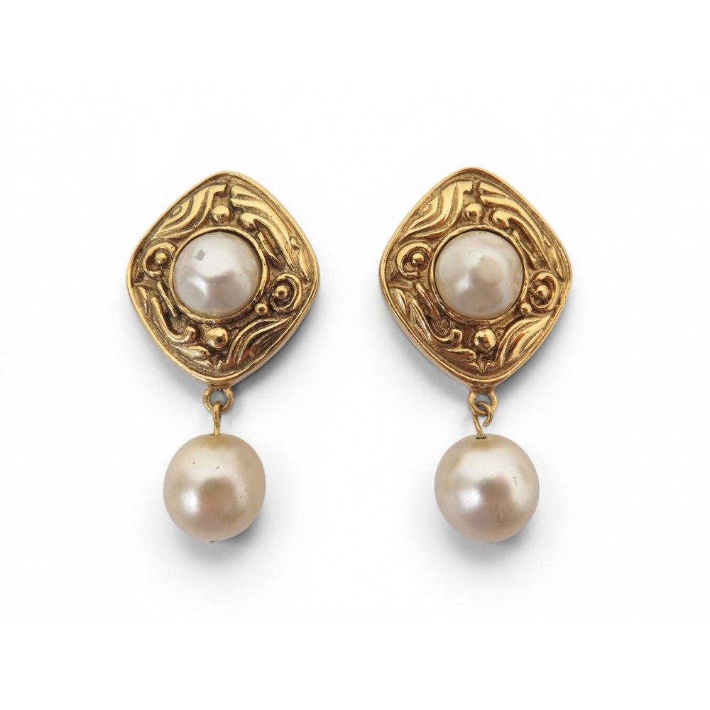 VINTAGE BOUCLES D'OREILLES CHANEL 1990 BAROQUES PENDANTES PERLES CLIPS EARRINGS