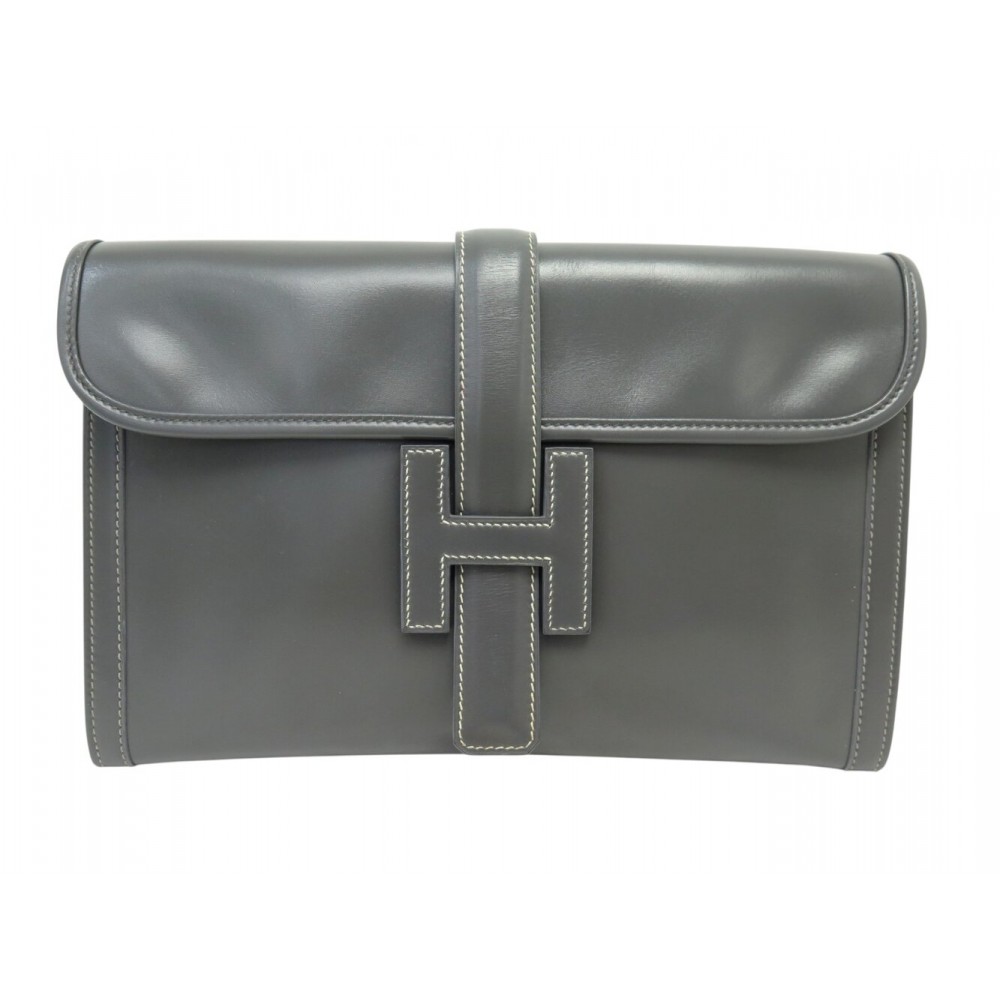 VINTAGE SAC A MAIN HERMES POCHETTE JIGE 29 CM CUIR BOX GRIS GREY POUCH BAG 3815€