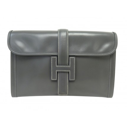 VINTAGE SAC A MAIN HERMES POCHETTE JIGE 29 CM CUIR BOX GRIS GREY POUCH BAG 3815€