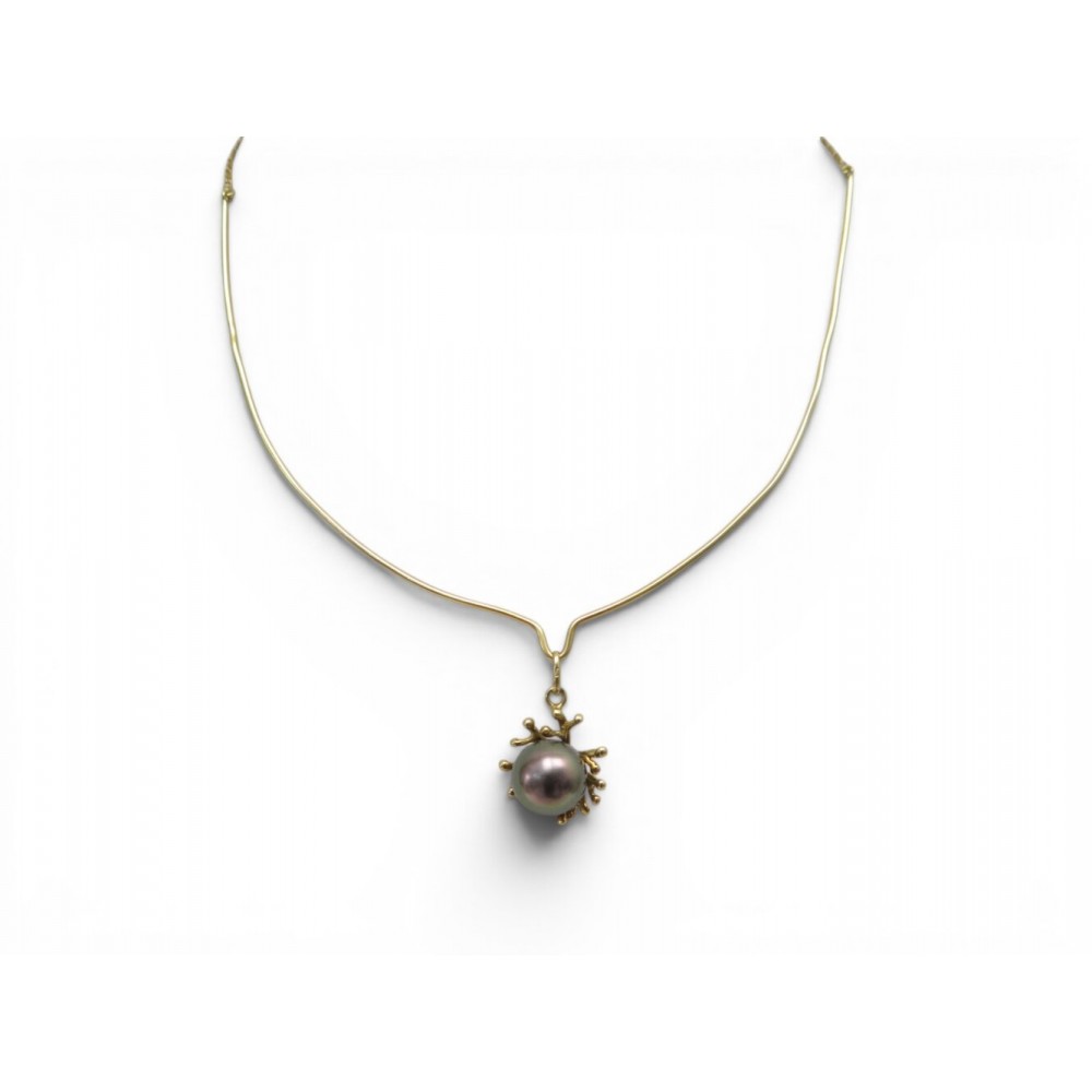 COLLIER PENDENTIF MOTIF CORAIL PERLE GRISE OR JAUNE 18K 8GR GOLD PEARL NECKLACE