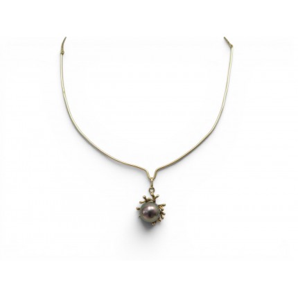 COLLIER PENDENTIF MOTIF CORAIL PERLE GRISE OR JAUNE 18K 8GR GOLD PEARL NECKLACE