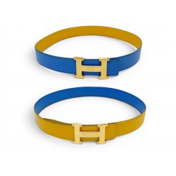 VINTAGE CEINTURE HERMES BOUCLE H T75 CUIR REVERSIBLE EPSOM JAUNE BLEU BELT 815€
