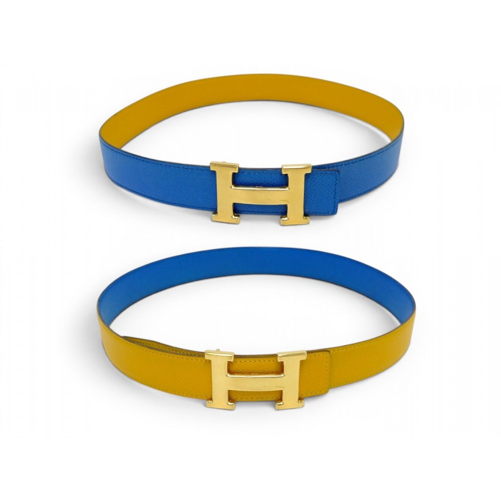 VINTAGE CEINTURE HERMES BOUCLE H T75 CUIR REVERSIBLE EPSOM JAUNE BLEU BELT 815€
