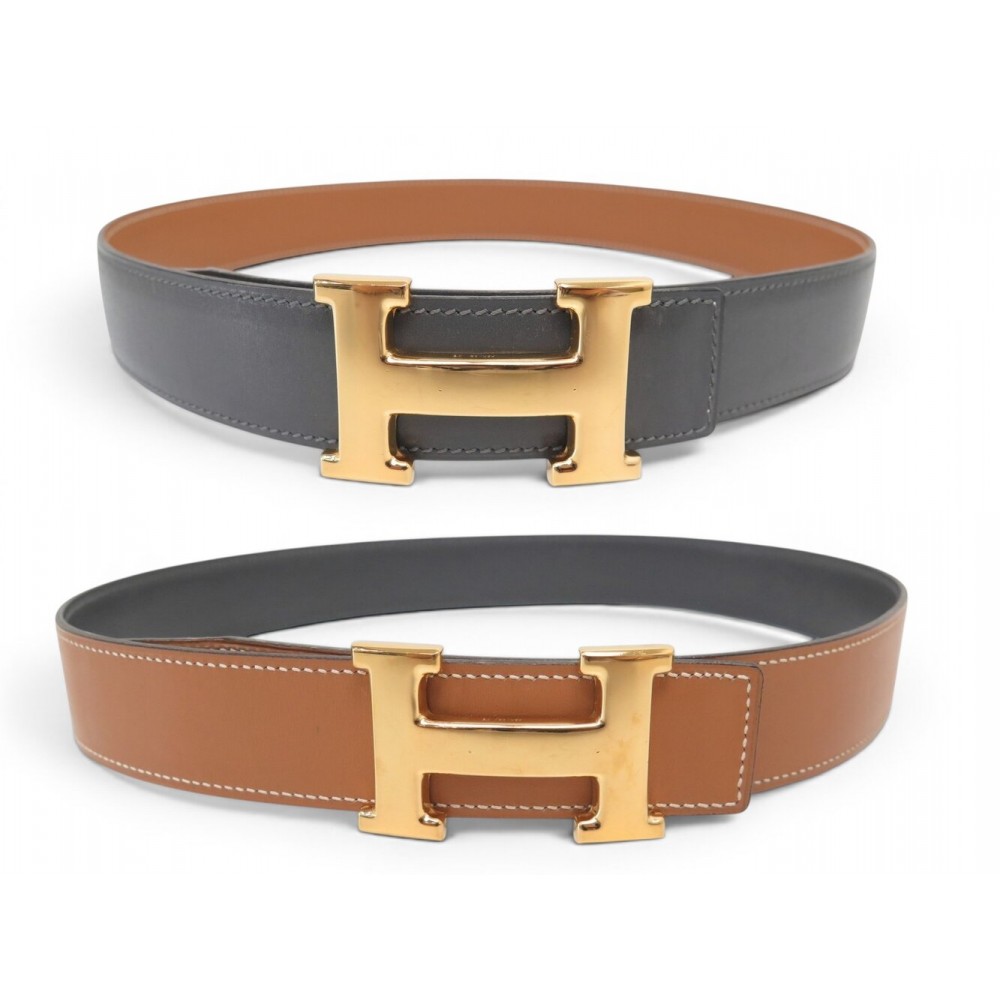 VINTAGE CEINTURE HERMES BOUCLE H 32MM CUIR REVERSIBLE 72 BOX GRIS GOLD BELT 815€