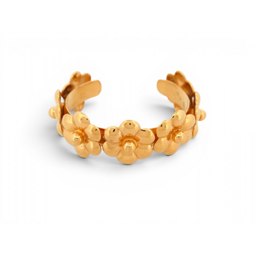 RARE VINTAGE BRACELET CHANEL MANCHETTE FLEURS METAL DORE 16 GOLD BANGLE 1970's