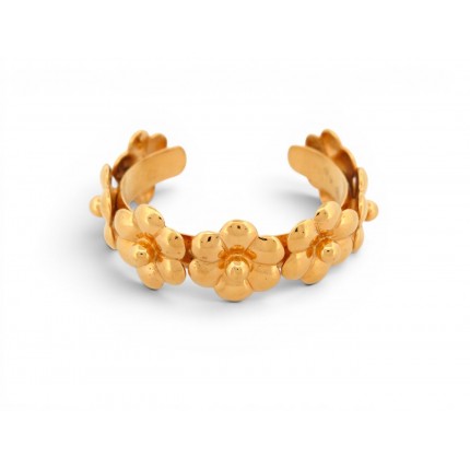 RARE VINTAGE BRACELET CHANEL MANCHETTE FLEURS METAL DORE 16 GOLD BANGLE 1970's
