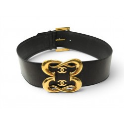VINTAGE CEINTURE CHANEL DOUBLE LOGO CC 1988 T80 EN CUIR NOIR & BOUCLE DOREE BELT