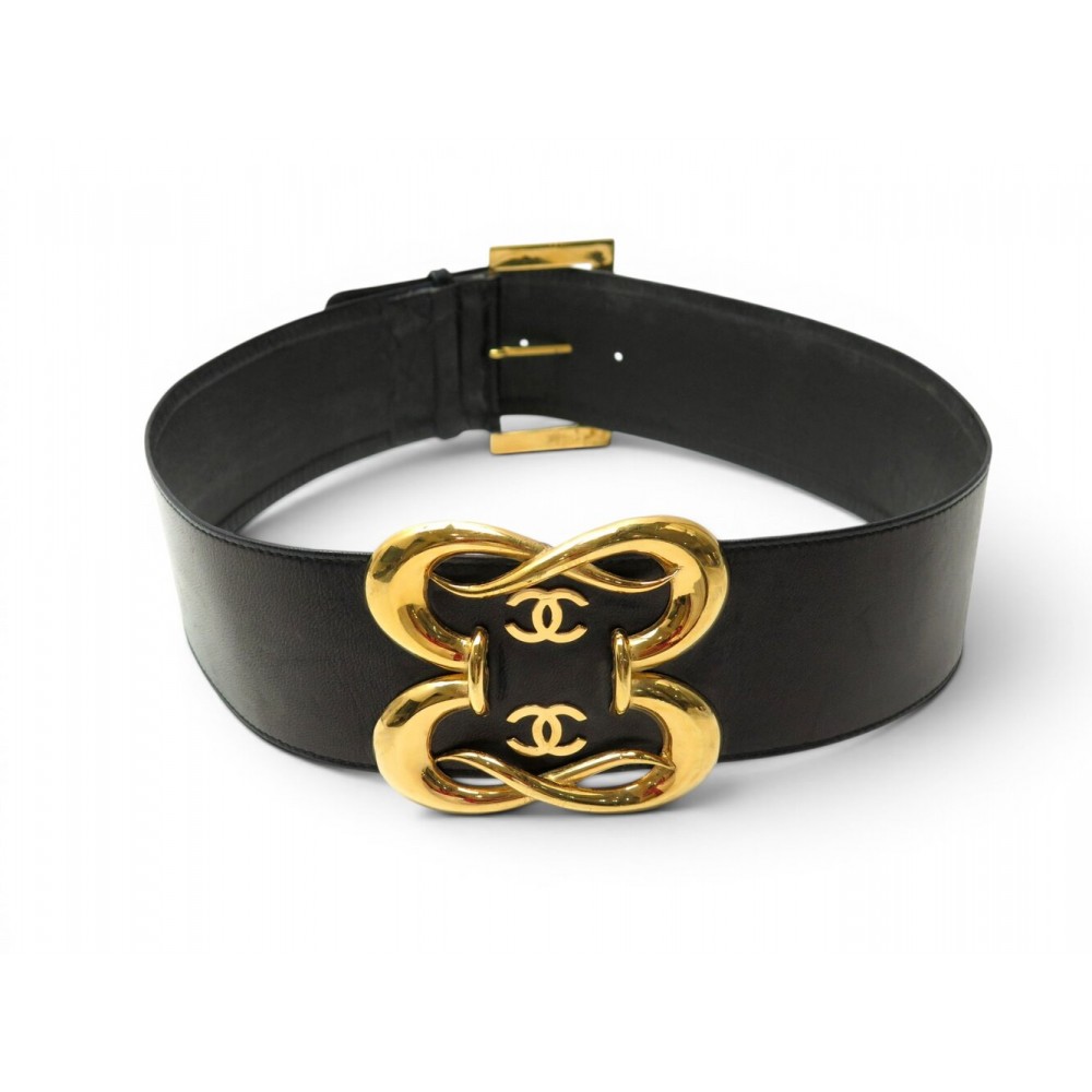 VINTAGE CEINTURE CHANEL DOUBLE LOGO CC 1988 T80 EN CUIR NOIR & BOUCLE DOREE BELT
