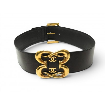 VINTAGE CEINTURE CHANEL DOUBLE LOGO CC 1988 T80 EN CUIR NOIR & BOUCLE DOREE BELT