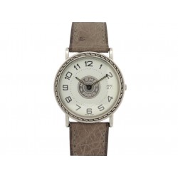 VINTAGE MONTRE HERMES SELLIER 32MM EN ACIER BRACELET CUIR AUTRUCHE QUARTZ WATCH