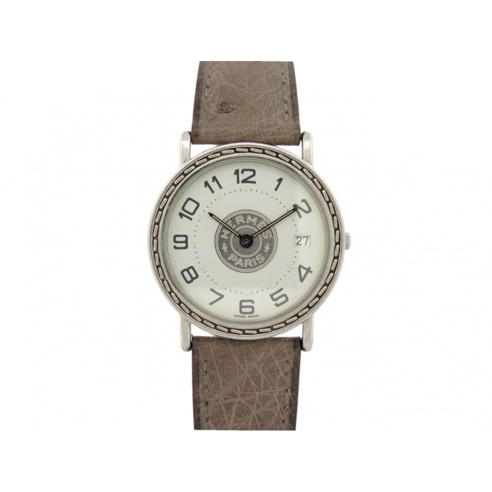 VINTAGE MONTRE HERMES SELLIER 32MM EN ACIER BRACELET CUIR AUTRUCHE QUARTZ WATCH