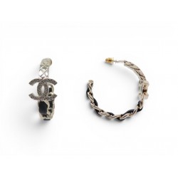 NEUF BOUCLES D'OREILLES CHANEL CREOLES LOGO CC & CUIR ENTRELACE EARRINGS 1190€