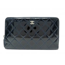 PORTEFEUILLE CHANEL LONG ZIPPE LOGO CC CUIR VERNIS MATELASSE BLEU WALLET 1320E