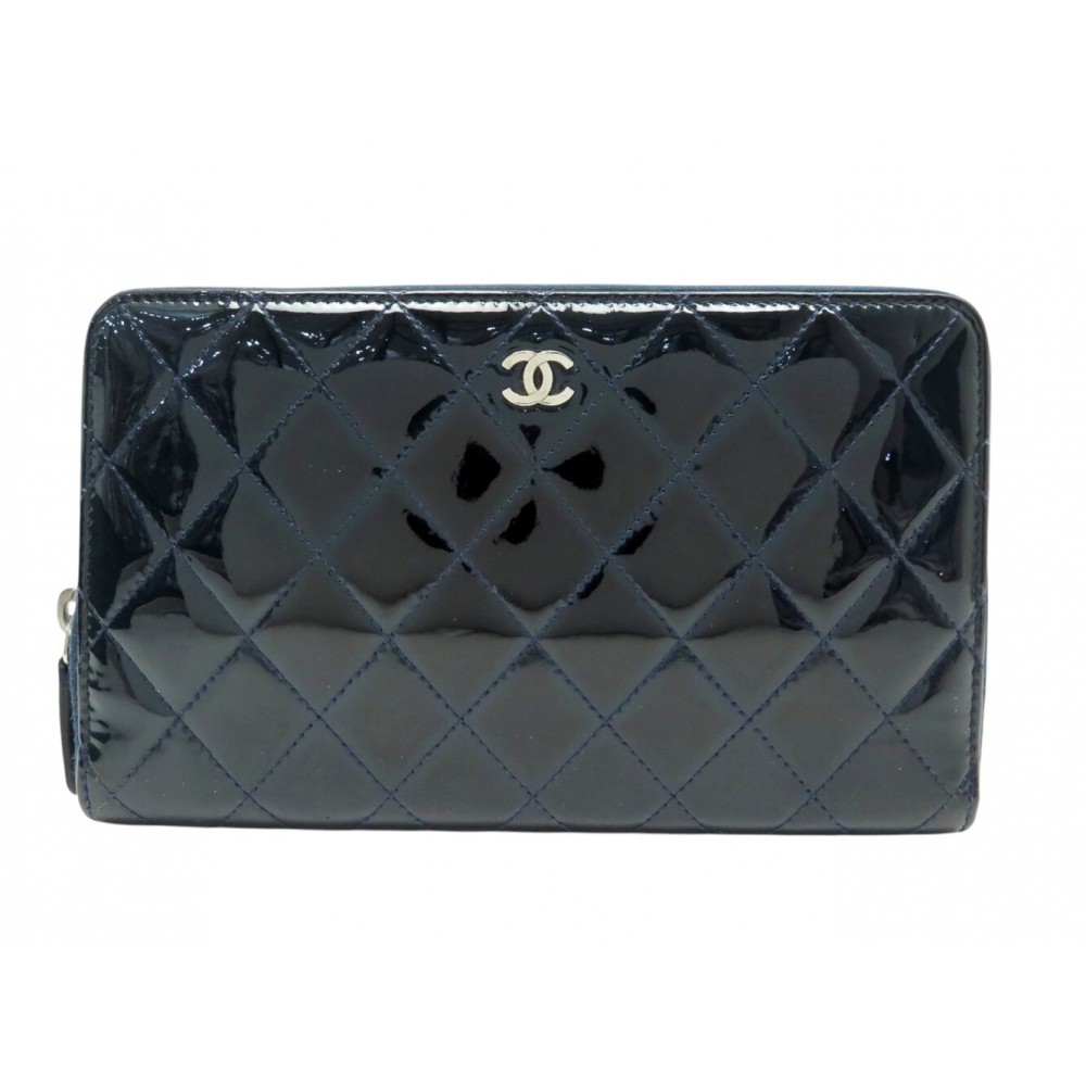 PORTEFEUILLE CHANEL LONG ZIPPE LOGO CC CUIR VERNIS MATELASSE BLEU WALLET 1320E