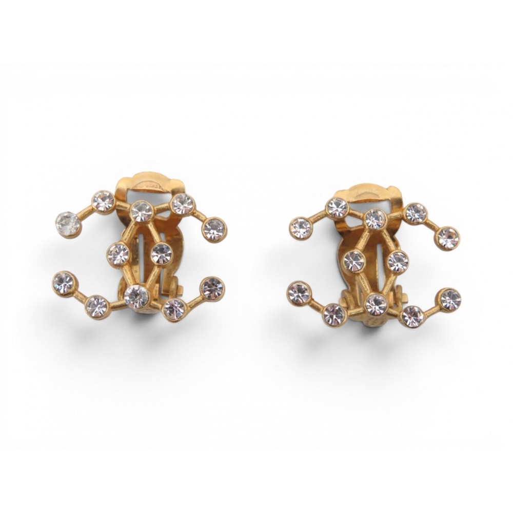 VINTAGE BOUCLES D'OREILLES CHANEL 1995 LOGO CC STRASS CONSTELLATION EARRINGS