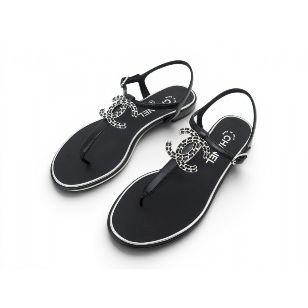 NEUF CHAUSSURES SANDALES CHANEL G34423 TONGS LOGO CC 38 EN CUIR NOIR SHOES 1450€