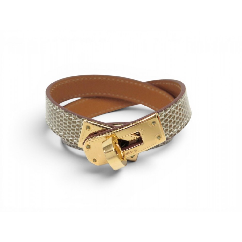 NEUF BRACELET HERMES KELLY DOUBLE TOUR EN CUIR DE LEZARD M 16.5CM BANGLE 1050€