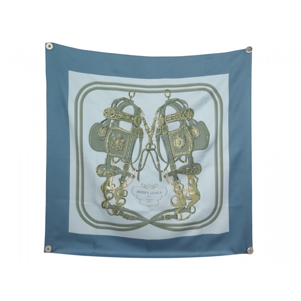 NEUF FOULARD HERMES BRIDES DE GALA EN SOIE GRYGKAR CARRE 90 BLEU SILK SCARF 580€