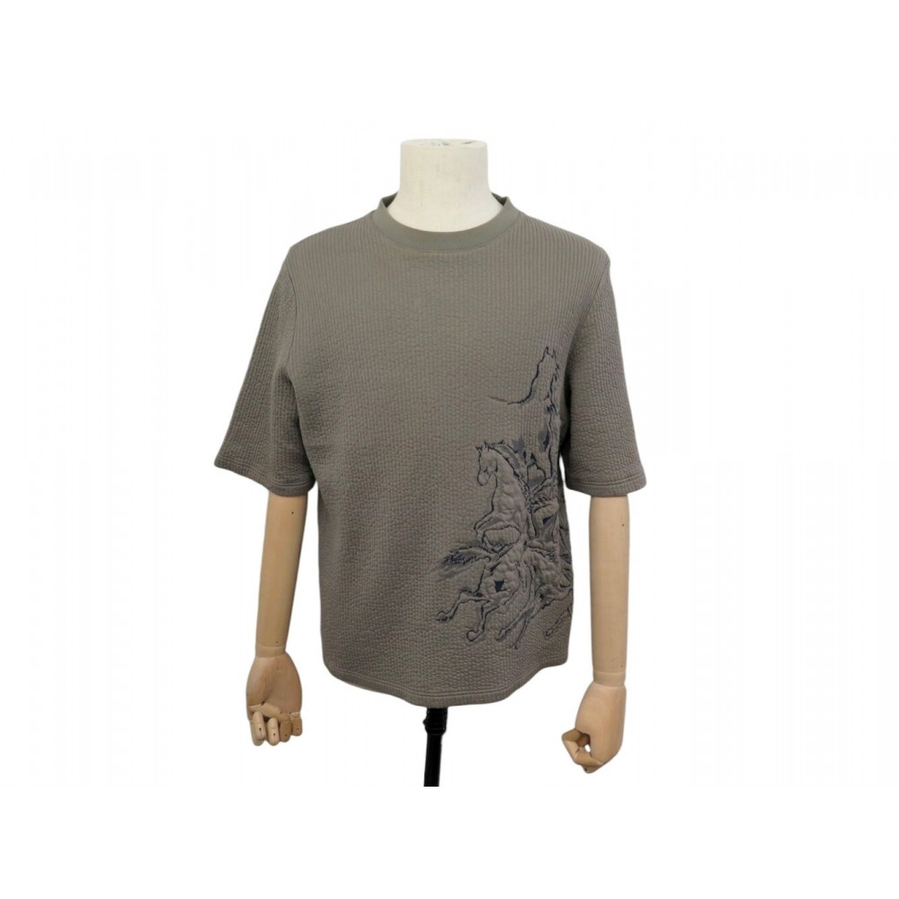 HAUT T-SHIRT HERMES CAVALCADE JACQUARD H257740 XL 56 COTON TAUPE CHEVAUX 1100€