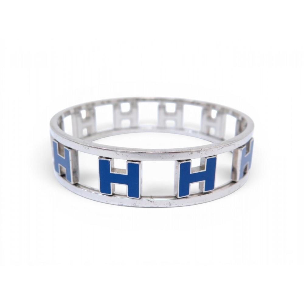 BRACELET HERMES RONDO ASH H ROTATIFS ACIER PALLADIE ET LAQUE BLEUE BANGLE 790€