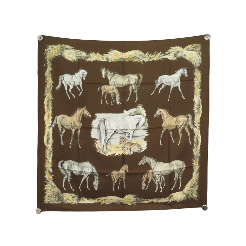 NEUF VINTAGE FOULARD HERMES LES POULAINS PORET CARRE 90 SOIE MARRON SCARF 580€