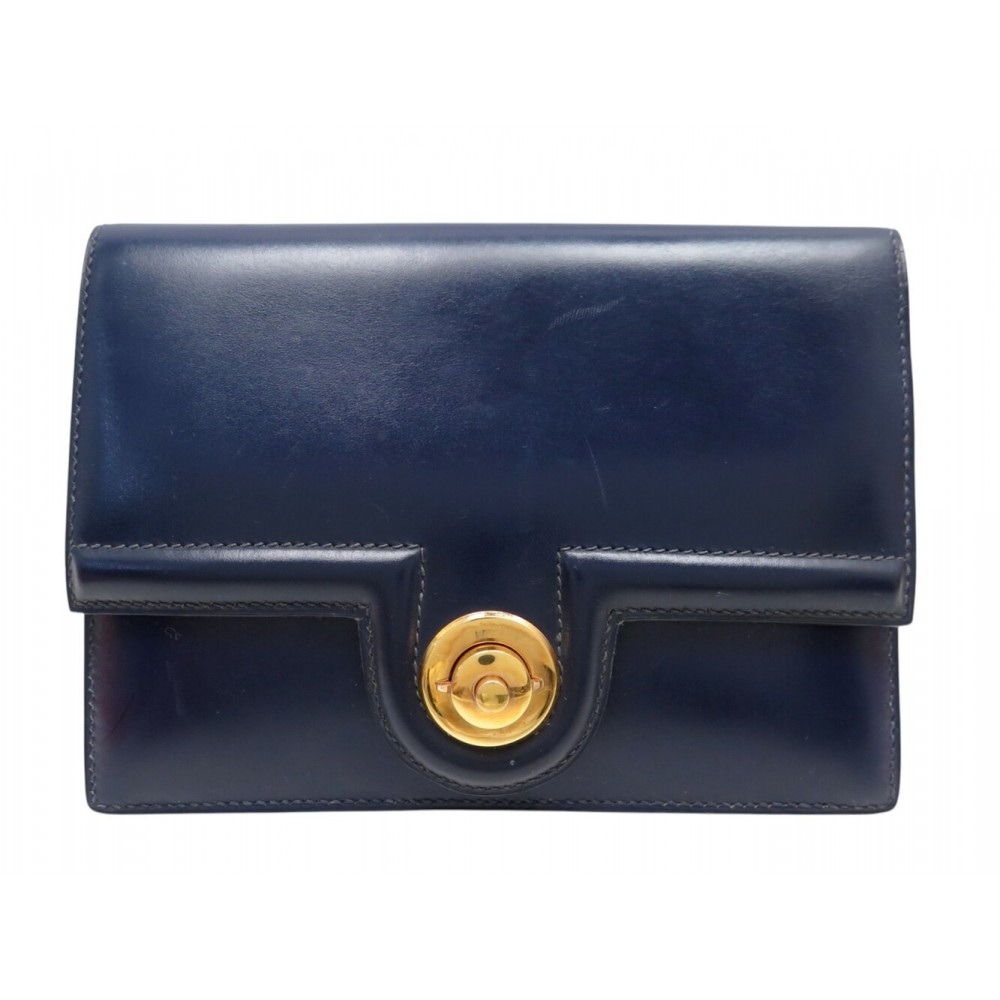 VINTAGE POCHETTE HERMES PRINCESSE EN CUIR BOX BLEU MARINE BOITE POUCH HAND BAG