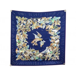 NEUF FOULARD HERMES L'INTRUS DE JACQUELOT CARRE 90 BLEU SOIE SILK SCARF 580€