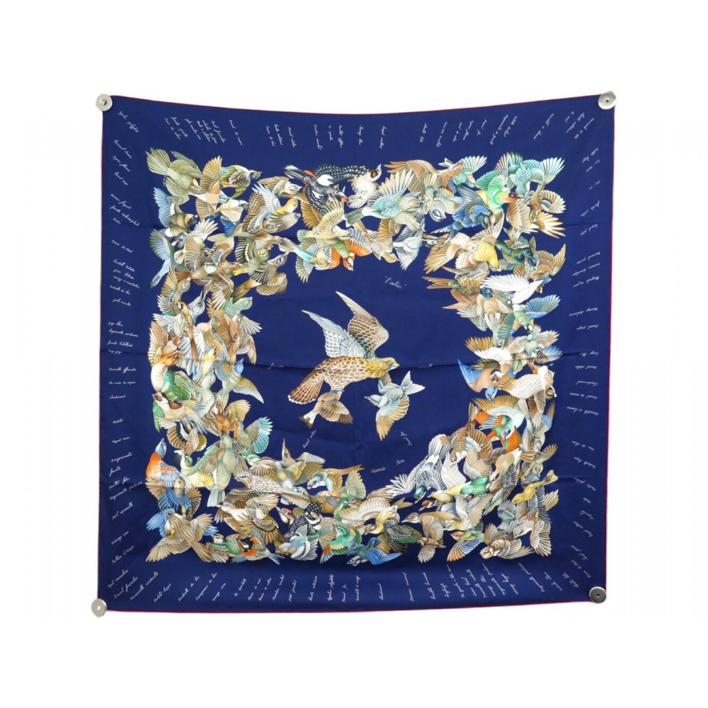 NEUF FOULARD HERMES L'INTRUS DE JACQUELOT CARRE 90 BLEU SOIE SILK SCARF 580€