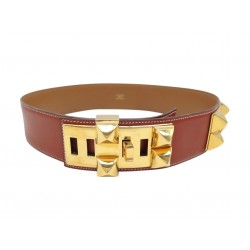 VINTAGE CEINTURE HERMES MEDOR COLLIER DE CHIEN H010630U 72 CUIR BOX CUIVRE 3500€