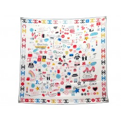 NEUF FOULARD CHANEL TWILL LOS ANGELES ROLLER LOGO CC CARRE 90 EN SOIE SCARF 530€