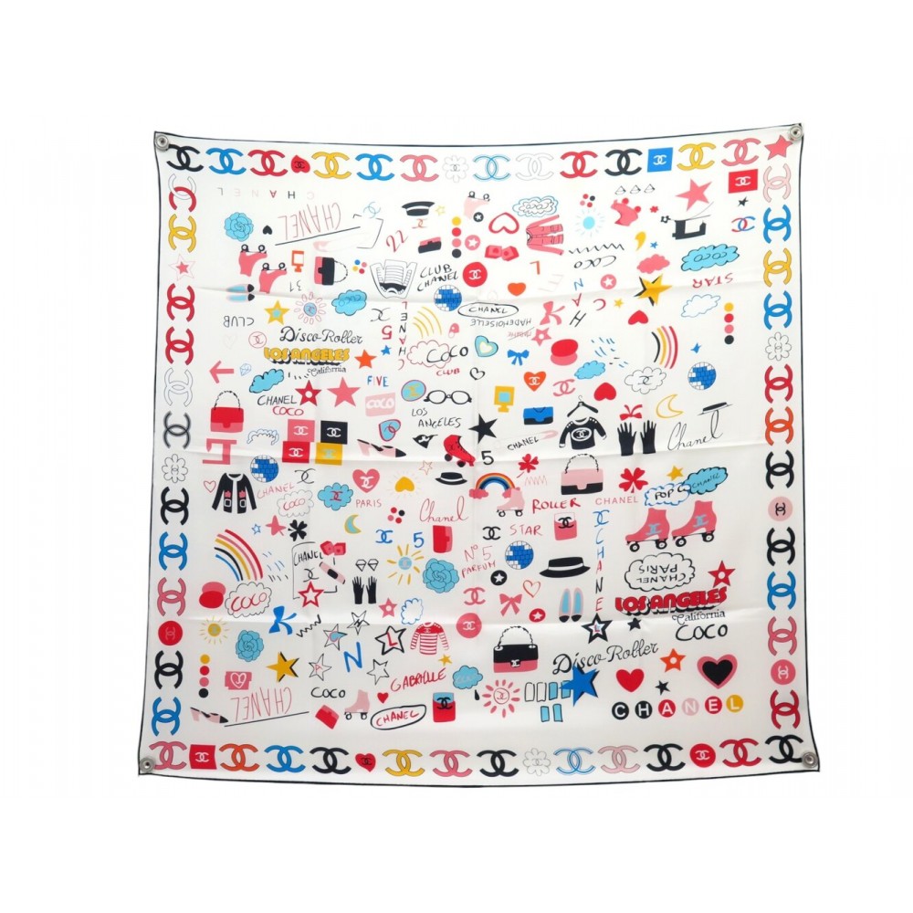 NEUF FOULARD CHANEL TWILL LOS ANGELES ROLLER LOGO CC CARRE 90 EN SOIE SCARF 530€
