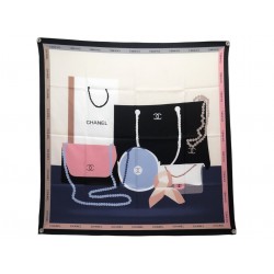 FOULARD CHANEL TWILL LOGO CC SAC BIJOUX CARRE 90 SOIE NOIR BLANC ROSE SCARF 530€