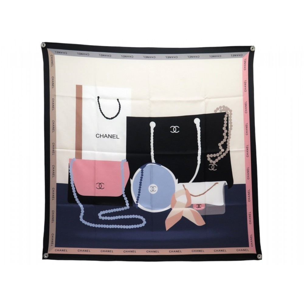 FOULARD CHANEL TWILL LOGO CC SAC BIJOUX CARRE 90 SOIE NOIR BLANC ROSE SCARF 530€