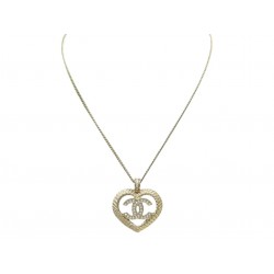 NEUF COLLIER CHANEL PENDENTIF COEUR ABC964 LOGO CC STRASS DORE NECKLACE 1210€