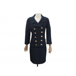 NEUF TAILLEUR VESTE JUPE CHANEL DOUBLE BOUTONNAGE LOGO CC S 36 TWEED BLEU 6500€