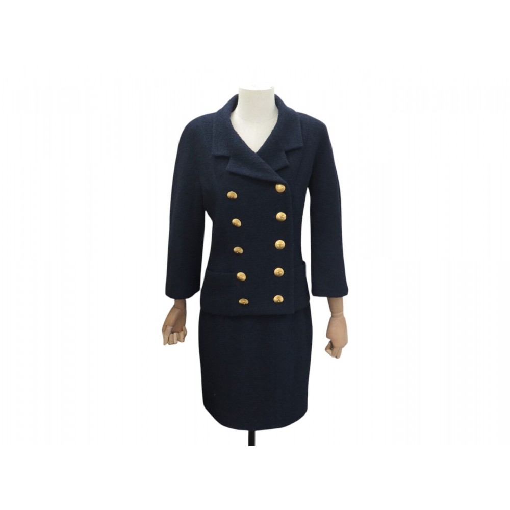 NEUF TAILLEUR VESTE JUPE CHANEL DOUBLE BOUTONNAGE LOGO CC S 36 TWEED BLEU 6500€