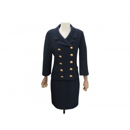 NEUF TAILLEUR VESTE JUPE CHANEL DOUBLE BOUTONNAGE LOGO CC S 36 TWEED BLEU 6500€