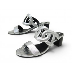 CHAUSSURES HERMES BIKINI H202179Z SANDALES A TALONS 38 CUIR ARGENTE SHOES 810€