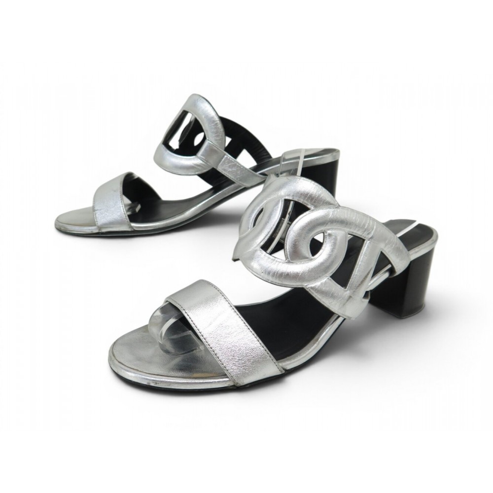 CHAUSSURES HERMES BIKINI H202179Z SANDALES A TALONS 38 CUIR ARGENTE SHOES 810€