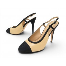 NEUF CHAUSSURES CHANEL SLINGBACK G34070 39.5 CUIR & TOILE BICOLORE SHOES 1110€