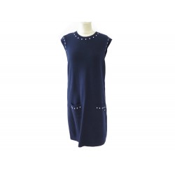 NEUF ROBE CHANEL P53637 M 40 EN COTON ET CACHEMIRE BLEU PERLES DRESS 2000€