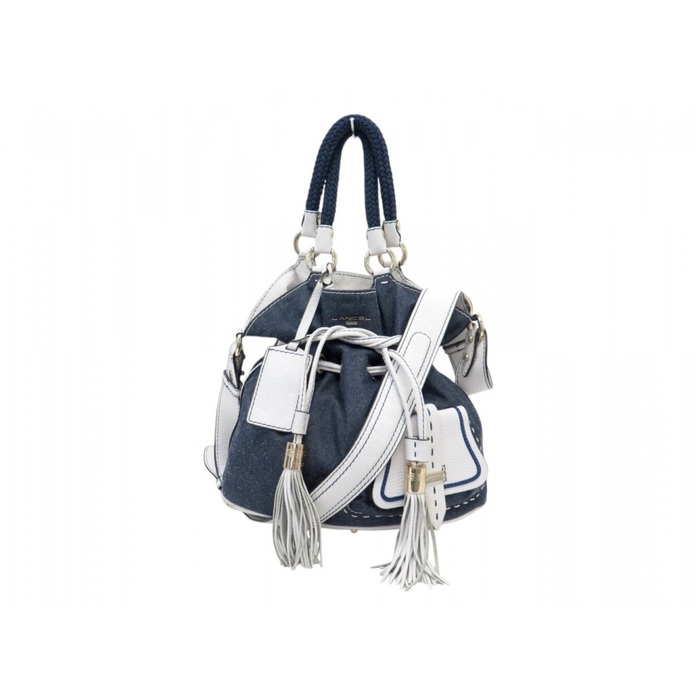 SAC A MAIN LANCEL PREMIER FLIRT EN TOILE DENIM BLEU & CUIR BLANC HAND BAG 725€