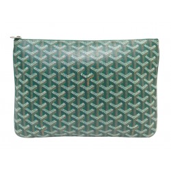 SAC A MAIN GOYARD POCHETTE SENAT MM EN TOILE GOYARDINE ET CUIR VERT POUCH BAG