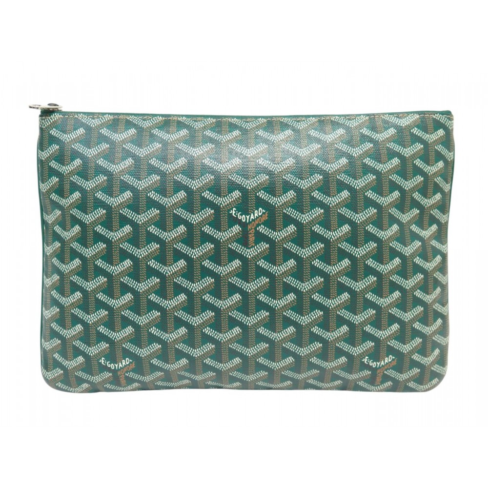 SAC A MAIN GOYARD POCHETTE SENAT MM EN TOILE GOYARDINE ET CUIR VERT POUCH BAG